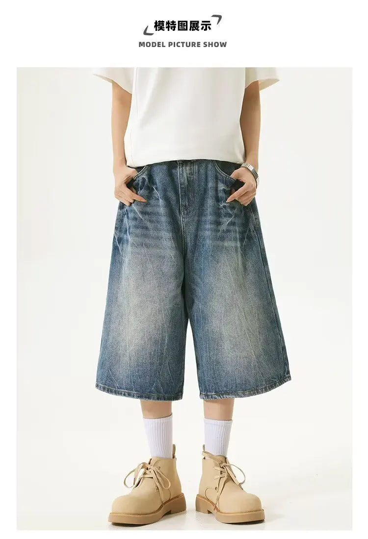 American High Street Lightning Jeans Men's Straight Leg Wide Leg Hip Hop Cool Retro American Seven-Foot Blue Shorts