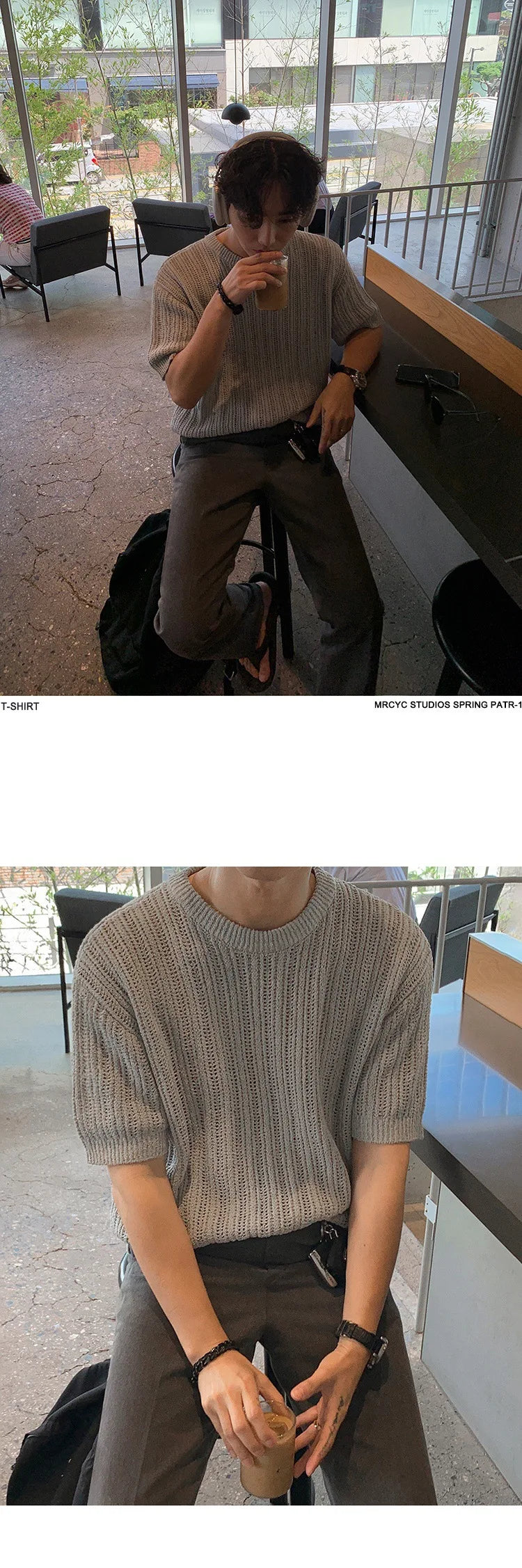 Men's Clothing Light Luxury Hollow Out O Neck Knit T Shirt Leisure Solid Color Short Sleeve Korean Popular Retro Knitwear M-2XL