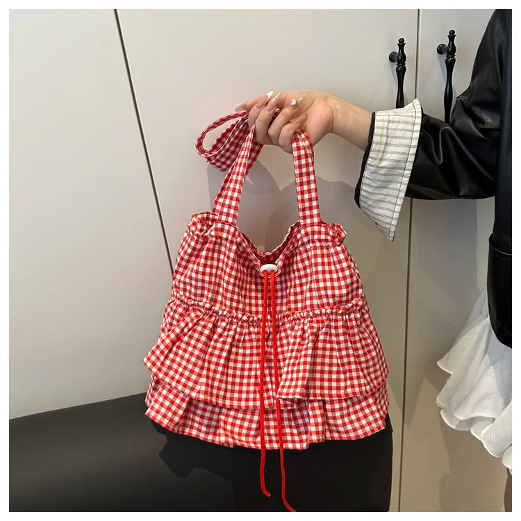Korean Sle Large Capaci Canvas Tote Bag Blue Plaid Single oulder Skirt Pleated Gown Bag Faionable Casual Handbag