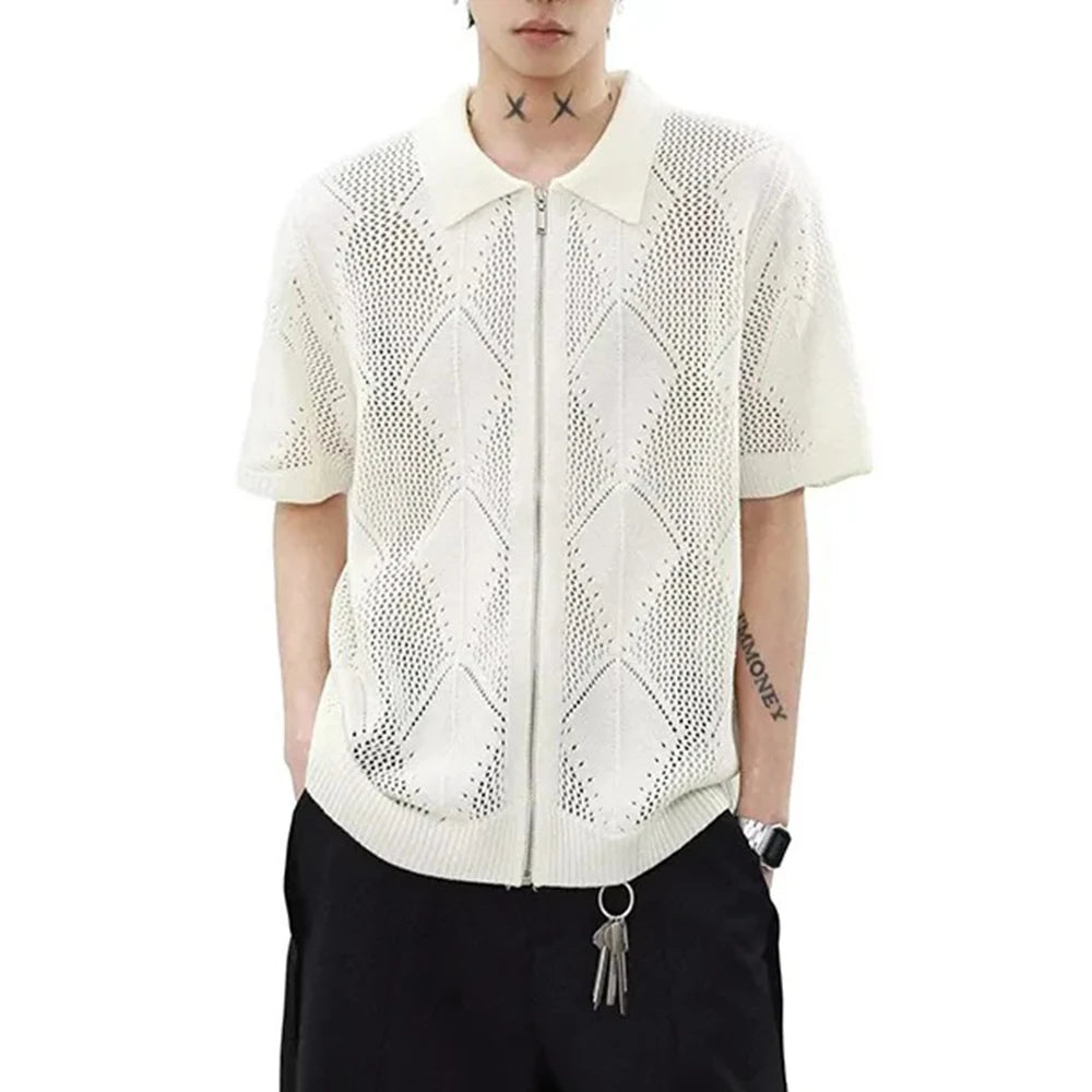 Men's Solid Color Hollow Short-Sleeved T-Shirt American Retro Fashion Trend Casual Simple Loose Breathable Summer New Men's Tops