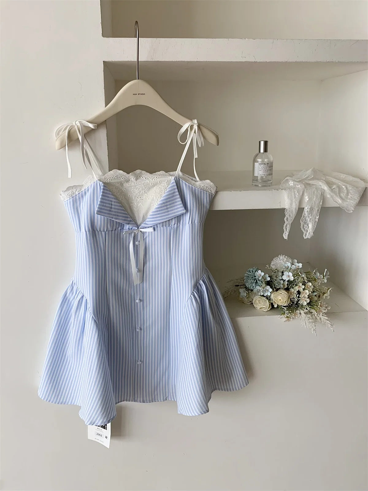 2025 Summer Ballet Core Mori Girl Lace Cami Dress Striped A-line Frock Party Shoujo One-Piece Patchwork Design Korean Fashion
