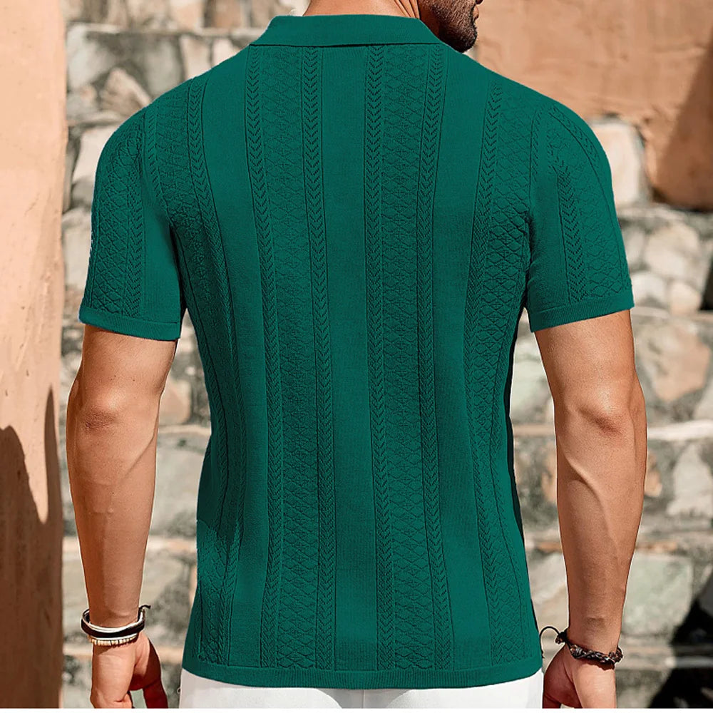 2025 Summer Men's Striped Hollow Solid Color Short Sleeve Knitted POLO Shirt Retro Casual Fashion Trend Simple Loose Men's Tops