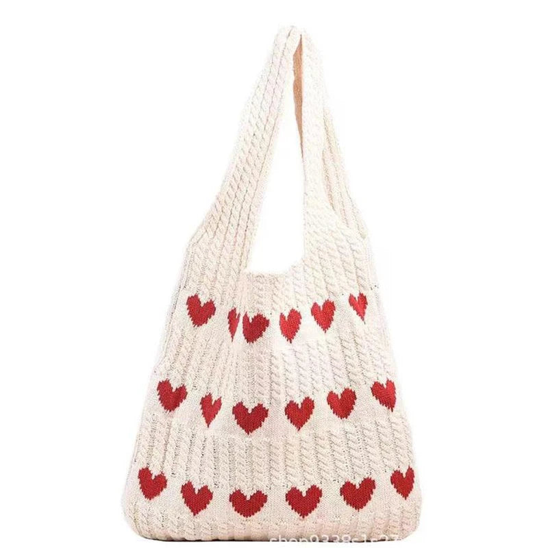 Women Knitted Bag Woven Love Heart  Pattern Wool Portable Shoulder Bag Shopping Bags Workers Students Daily Commuter Bags
