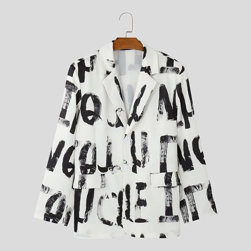 Fashion Casual Style Tops INCERUN Handsome Men's Art Hand-painted Letter Suit Coat Streetwear Male All-match Long Sleeved Blazer