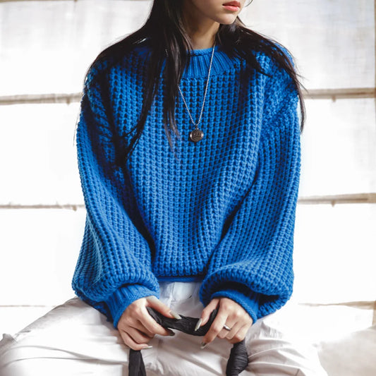 MADEN Women Cornflower Blue Knitted Sweater 2024 New Autumn Winter Long Sleeve Curled Collar Knitwear Warm Pullover Sweater