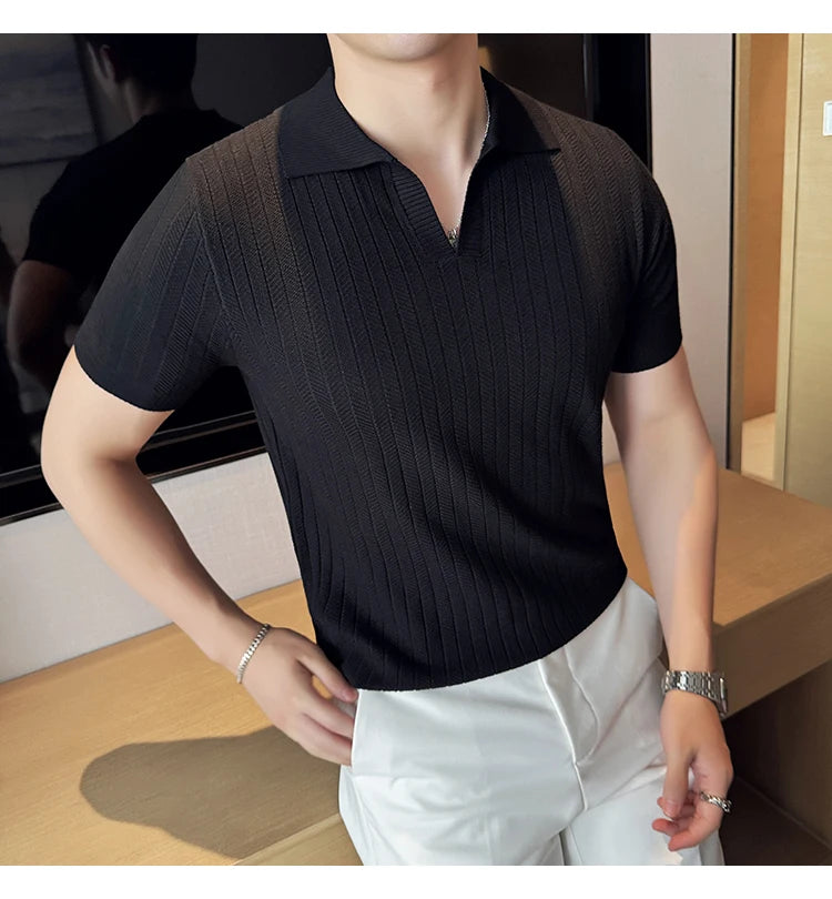 Men Striped Polo Shirt 2025 Summer Light Thin Breathable Solid Casual Elastic Slim Fit Short Sleeved V-neck T-shirt Men Clothing