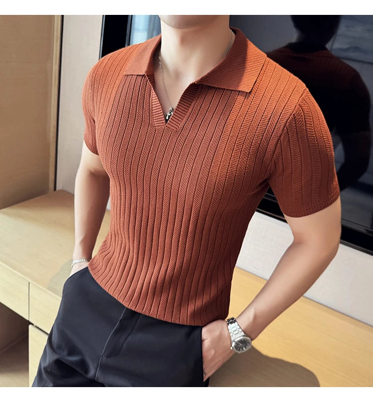 Men Striped Polo Shirt 2025 Summer Light Thin Breathable Solid Casual Elastic Slim Fit Short Sleeved V-neck T-shirt Men Clothing