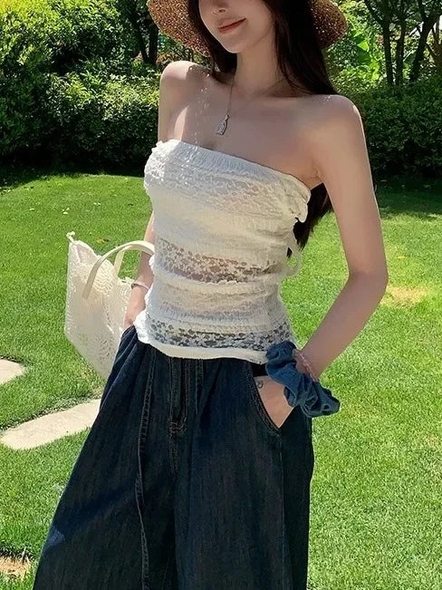 Titi Little Sister Summer French Lace Hollow Splicing White Outerwear Top Strapless Floral Embroidery Hollow out Design