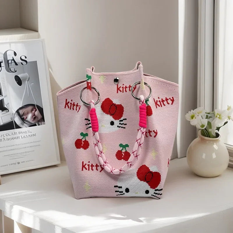 Cute Cat Design Large Capacity Portable Tote Bag Casual Versatile Commuter Bucket Bag Polyester Fiber Handbag from Mainland Chin