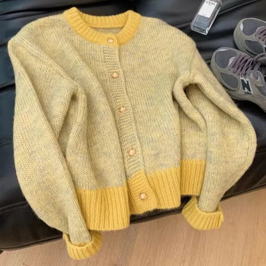 HELIAR Single-breasted Cardigan Long Sleeve Patchwork Knitted Sweater O-Neck Casual Warm Coat Office Outerwear Autumn Winter