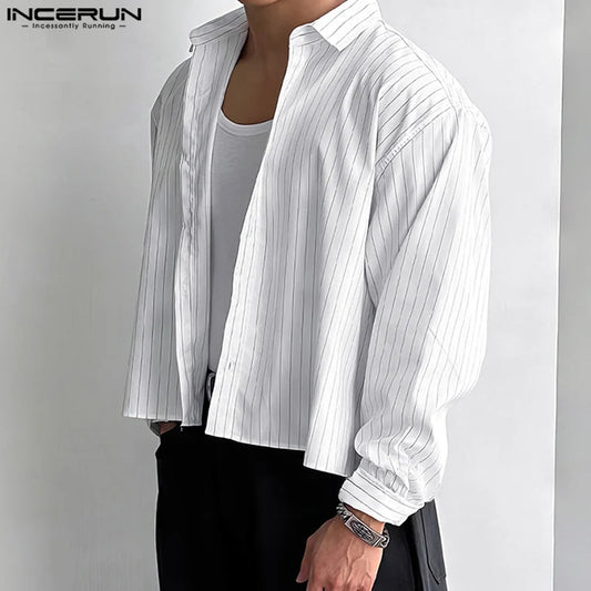 INCERUN Tops 2025 Korean Style Men's Casual Simple Striped Cropped Shirt Fashion Streetwear Male Hot Selling Long Sleeved Blouse