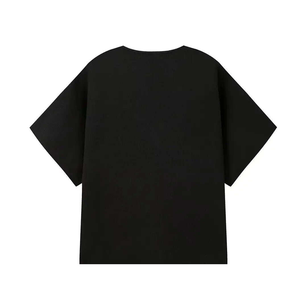 TRAFZA Vintage Casual Chic Knitted Sweaters Women Gold Buttons V-Neck Short Sleeve Cardigans Fashion 2024 Autumn Winter Tops