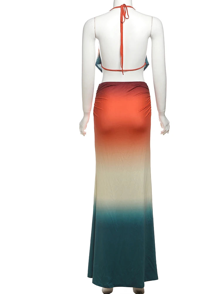 Weird Puss Sexy Colorful 2 Piece Set Women See Through Halter Tank Tops+Ruched Stretch Maxi Skirts Matching Midnight Clubwear