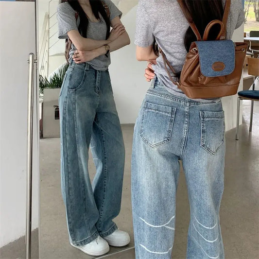 Vintage Baggy Jeans Womens' Loose-Fit Denim Pants Lightweight Bell Bottom Jean Retro Ladies' Denim Trousers Pockets Wide Pants