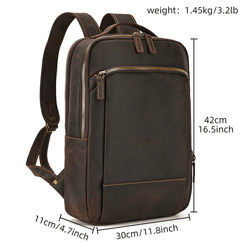 Vintage Travel Backpack leather double zipper bagpack male crazy horse leather backpack handmade leather travel bag men bag