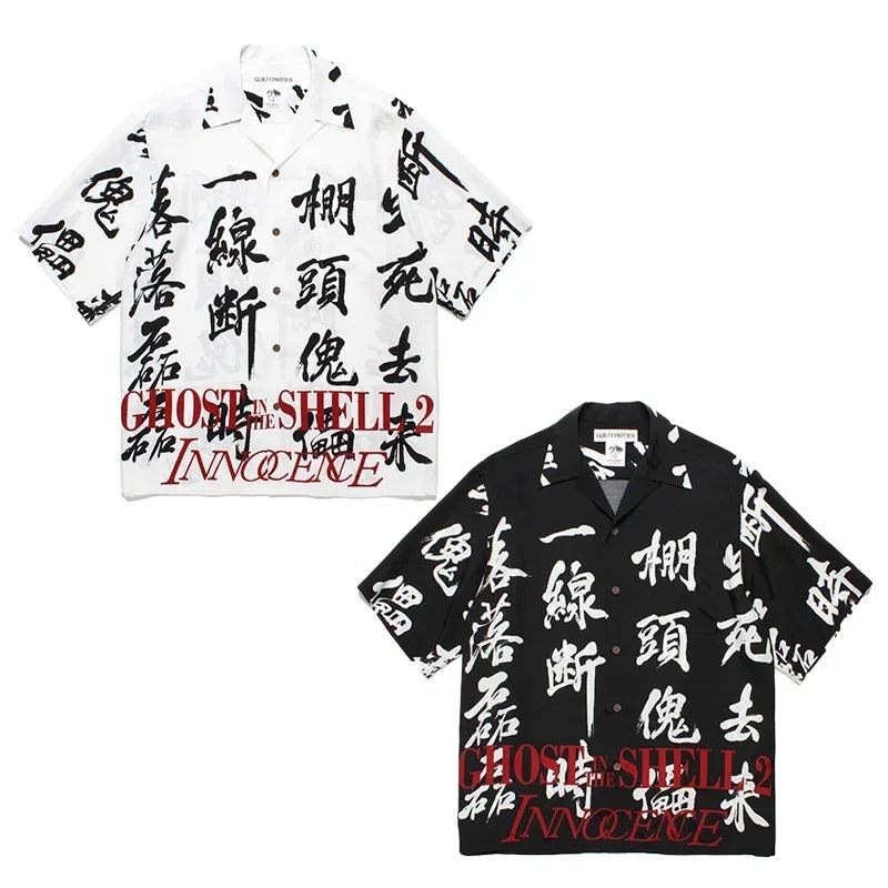 Summer Blue Letters Embroidery WACKO MARIA Shirts Men Women Graphics Print Hawaiian Short Sleeve Tee Casual Fashion Beach Shirt