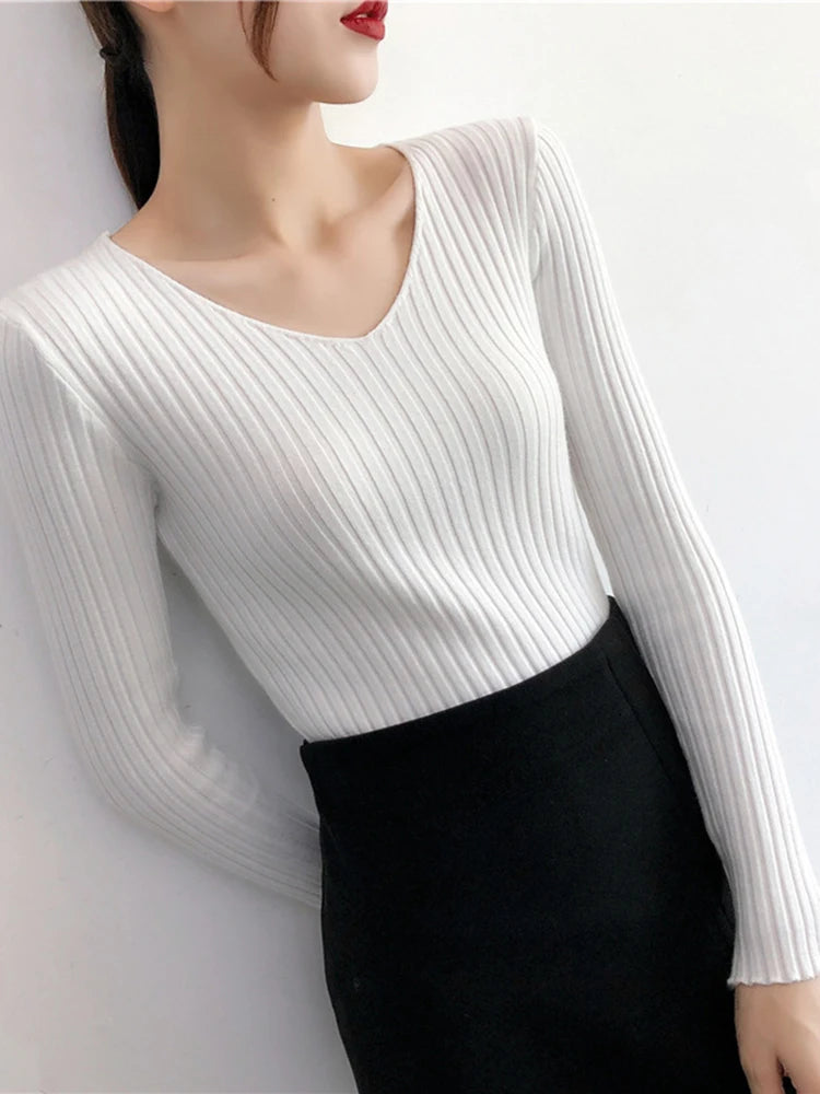 2025 V Neck Women Autumn Winter Sweaters Slim Knitted Pullovers Soft Warm Solid Jumper Female Sweater Casual Knitwear Jersey Top