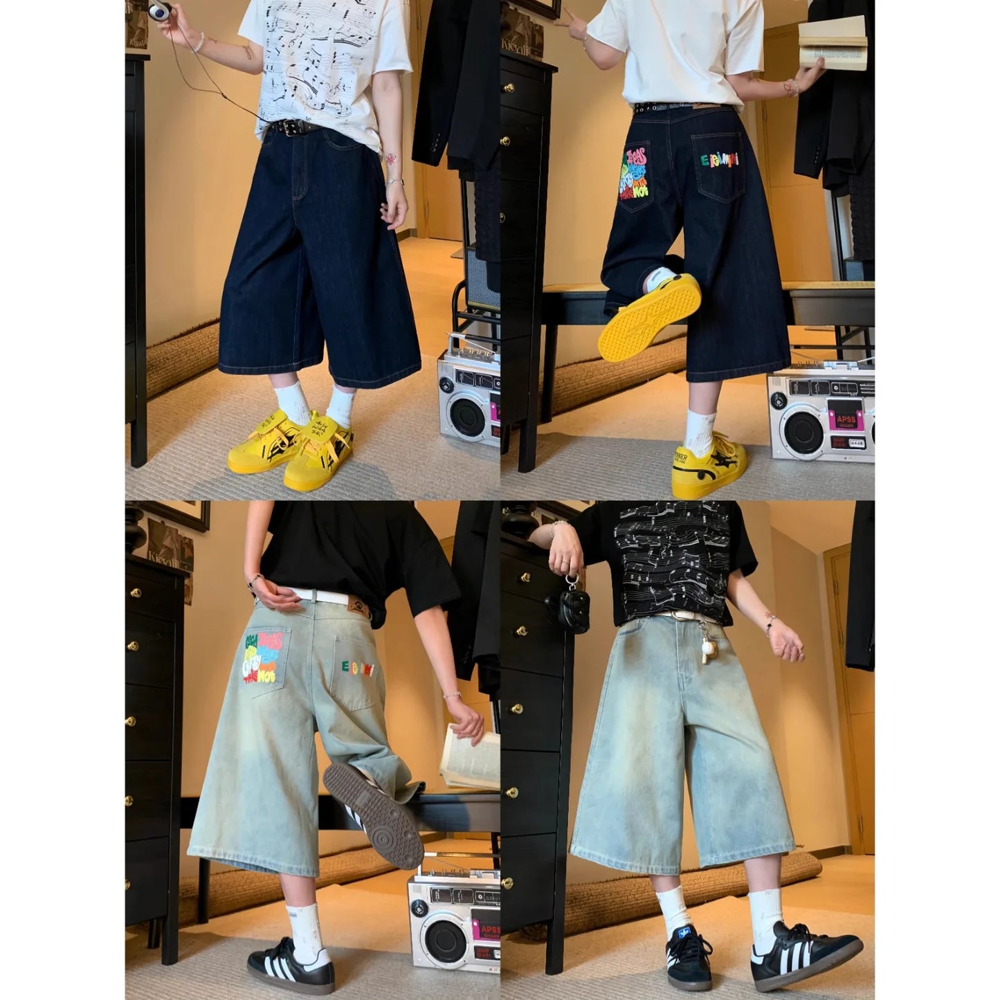 American Retro Jeans Y2K Men Women Harajuku Hip Hop Gothic Retro Pocket Embroidered Blue Baggy Jeans Low Waist Wide Leg Trousers