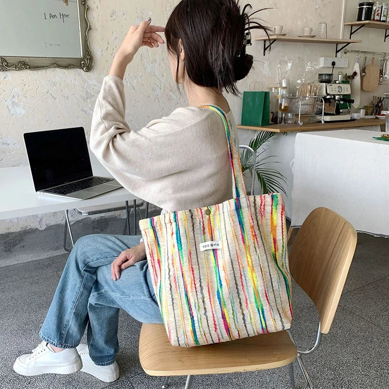 JIOMAY Handbags for Women 2024 Designer Beach Bag Casual with Buckle Cute Tote Bags Stripes Shopper Rainbow Canvas Shoulder Bag