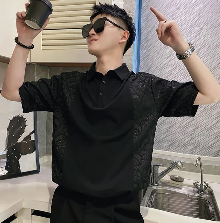 Black Short Sleeve Slim Fit With Collar T Shirt for Men Elastic High Quality Luxury Tee Cool Vintage Hot Casual Man Polo Shirts