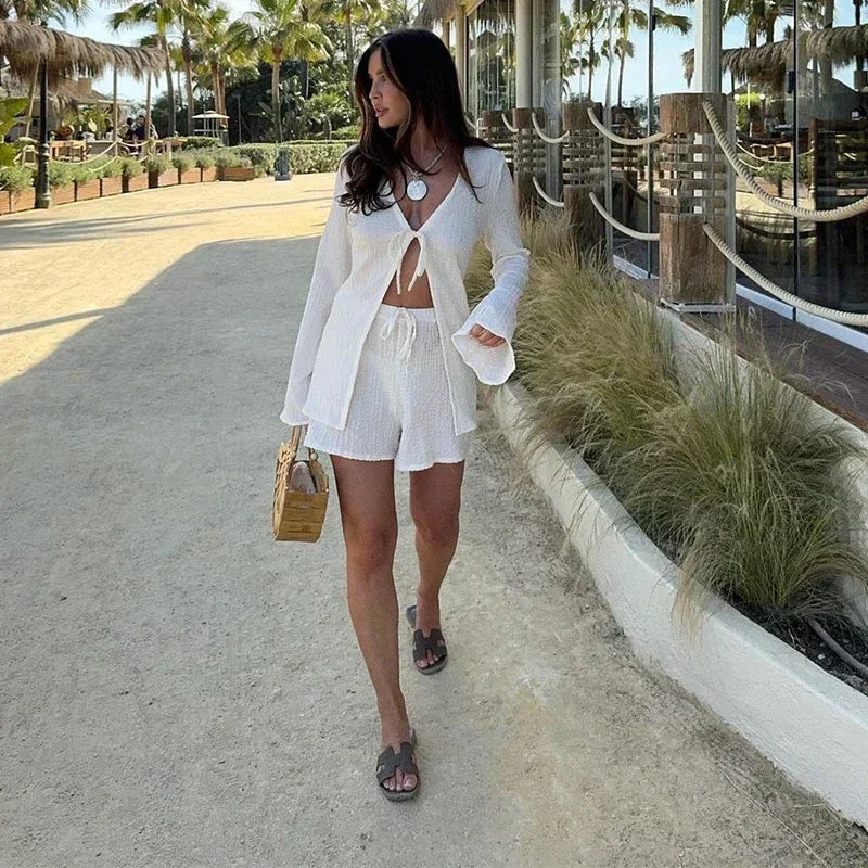 Fashion Lace Up Solid Color V-neck Women 2 Piece Set New Long Sleeve Pleated Loose Short Suit 2025 Spring Female Street Outfits