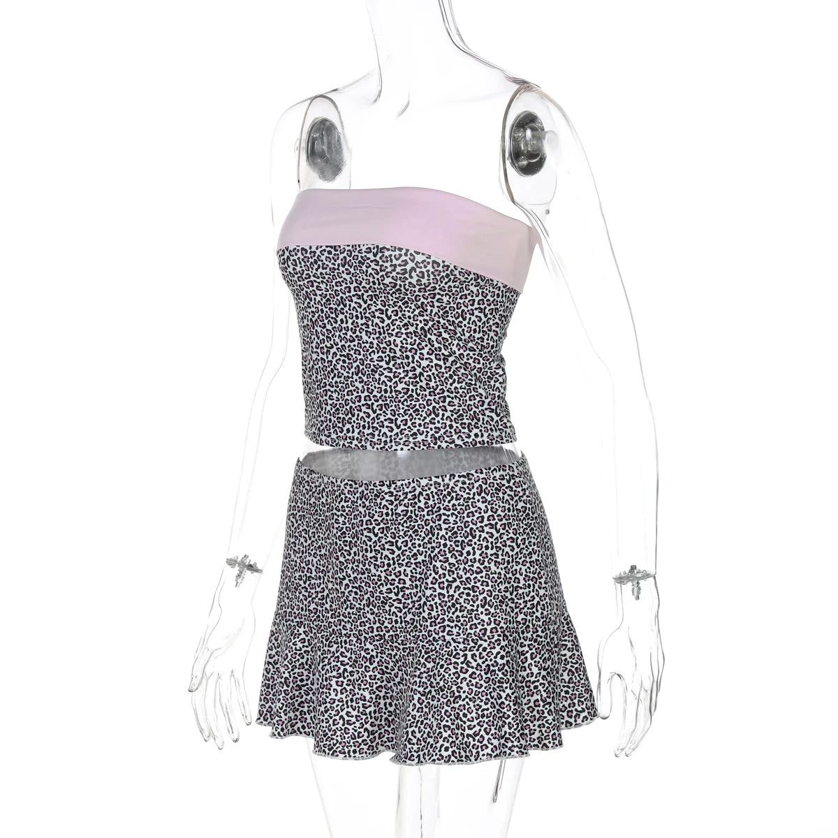 Dulzura Leopard Sexy Elegant Casual 2 Piece Skirt Set Chest Wrapping Patchwork Tank Top Short Skirt Matching Set Party Clubwear