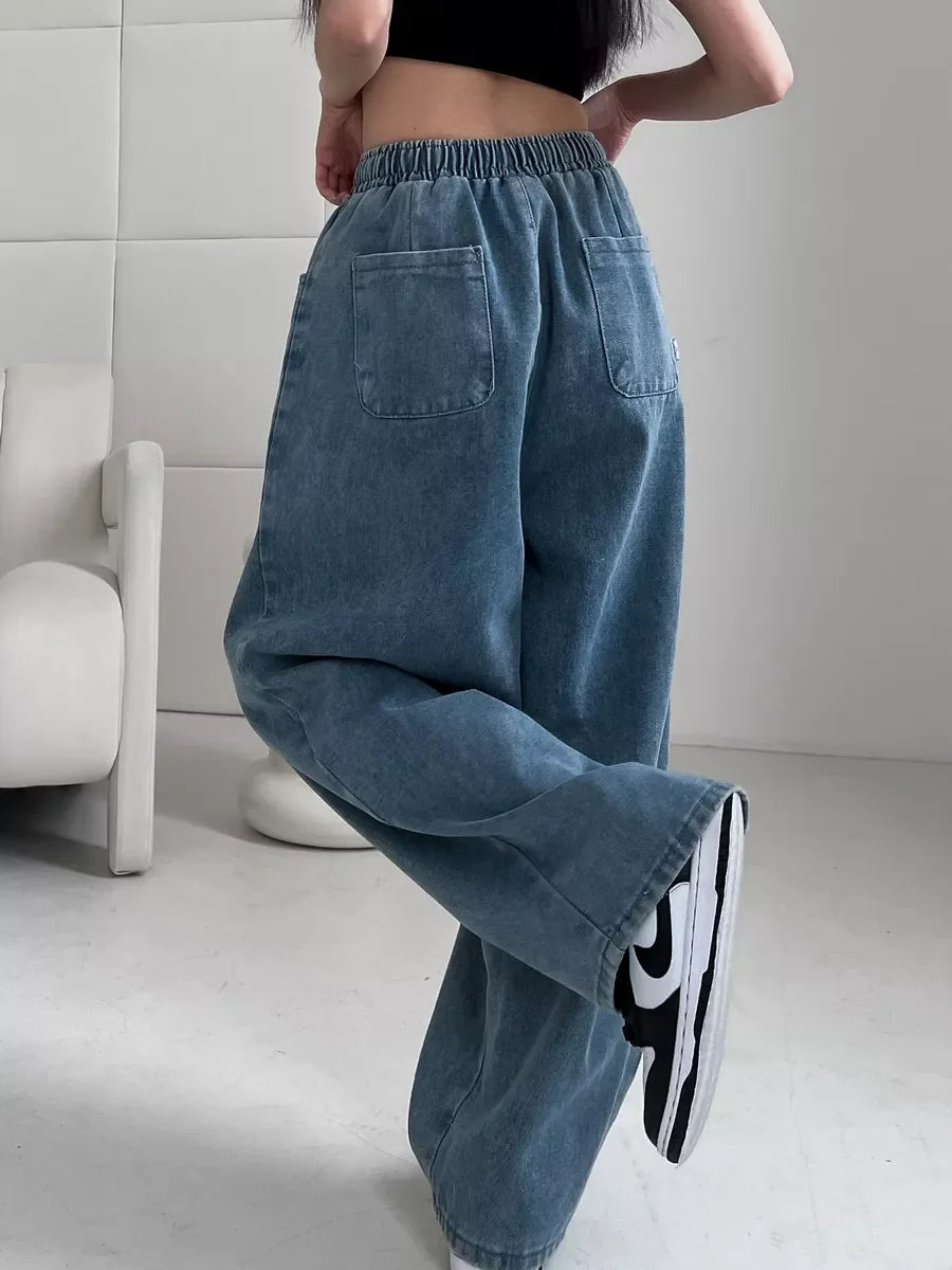 2025 Summer Women's Casual Harajuku Jeans Vintage Loose Elastic Waist Washed Pants Y2K Wide Leg Punk Baggy Denim Trouser