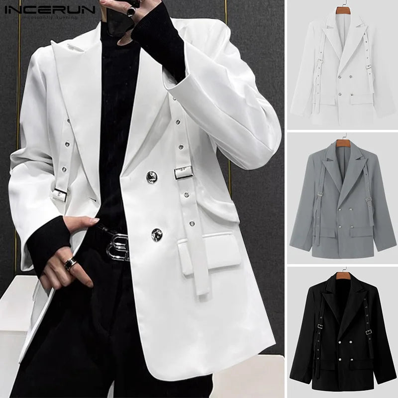 INCERUN Korean Fashion Men Blazer Casual  Long Sleeve Solid Tops Pocket Button Steetwear Male Outfits Well Fitting Vintage Coats