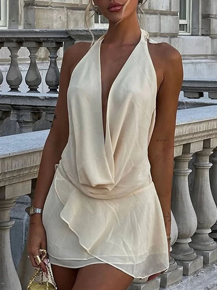 TSDFC Vintage Dress Women Fashion Sexy Sleeveless Dresses Solid Slim Backless V Neck Ruffles Mini 2025 New Spring Summer Dress
