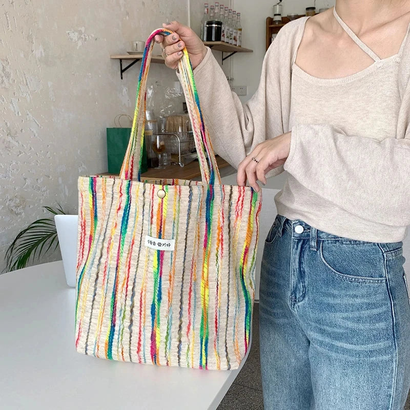 JIOMAY Handbags for Women 2024 Designer Beach Bag Casual with Buckle Cute Tote Bags Stripes Shopper Rainbow Canvas Shoulder Bag