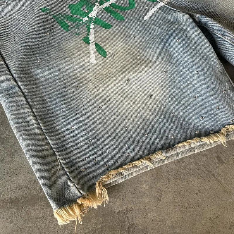 American Fashion Trend Letter Printing Splicing Patches Denim Shorts Y2K Gothic Hip Hop Men Women Punk Vintage Wide Leg Pants
