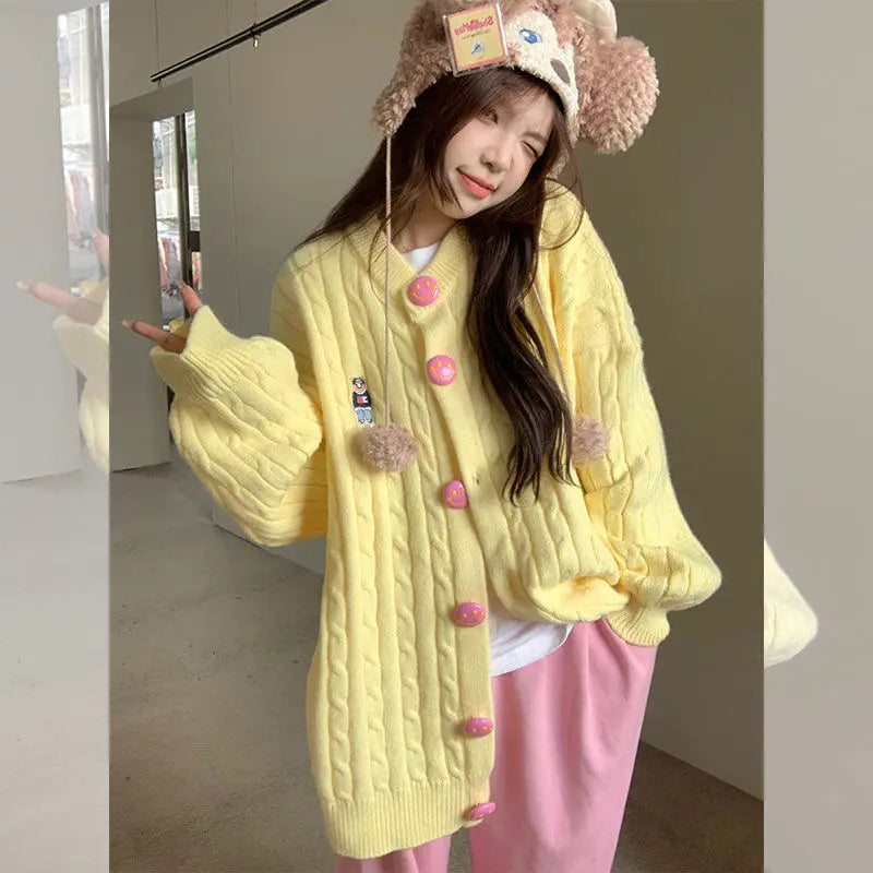 Sweet Cute Girl Yellow Embroidery Sweater Women Clothing Autumn and Winter New Loose Lazy Style Knitted Cardigan Women Tops
