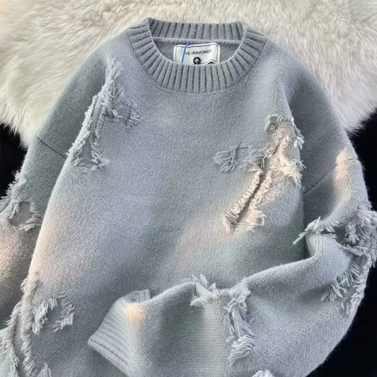 Unisex Round Neck Sweater Casual Trendy Knitted Top Solid Color Loose Fit Versatile For Men Women Hong Kong Style