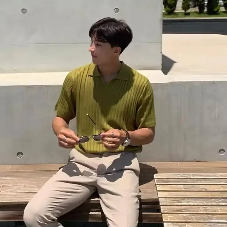 Summer New Light Maturity Knitted Polo Shirt Men's Korean Style Slim Fit Collar Pure Color Casual T-Shirt Cross-Border