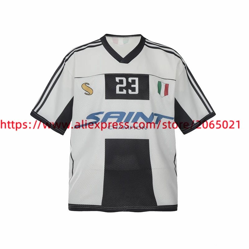 Black White Patchwork Mesh Saint T-Shirt Men Women High Quality Short Sleeve Tee Loose T Shirt
