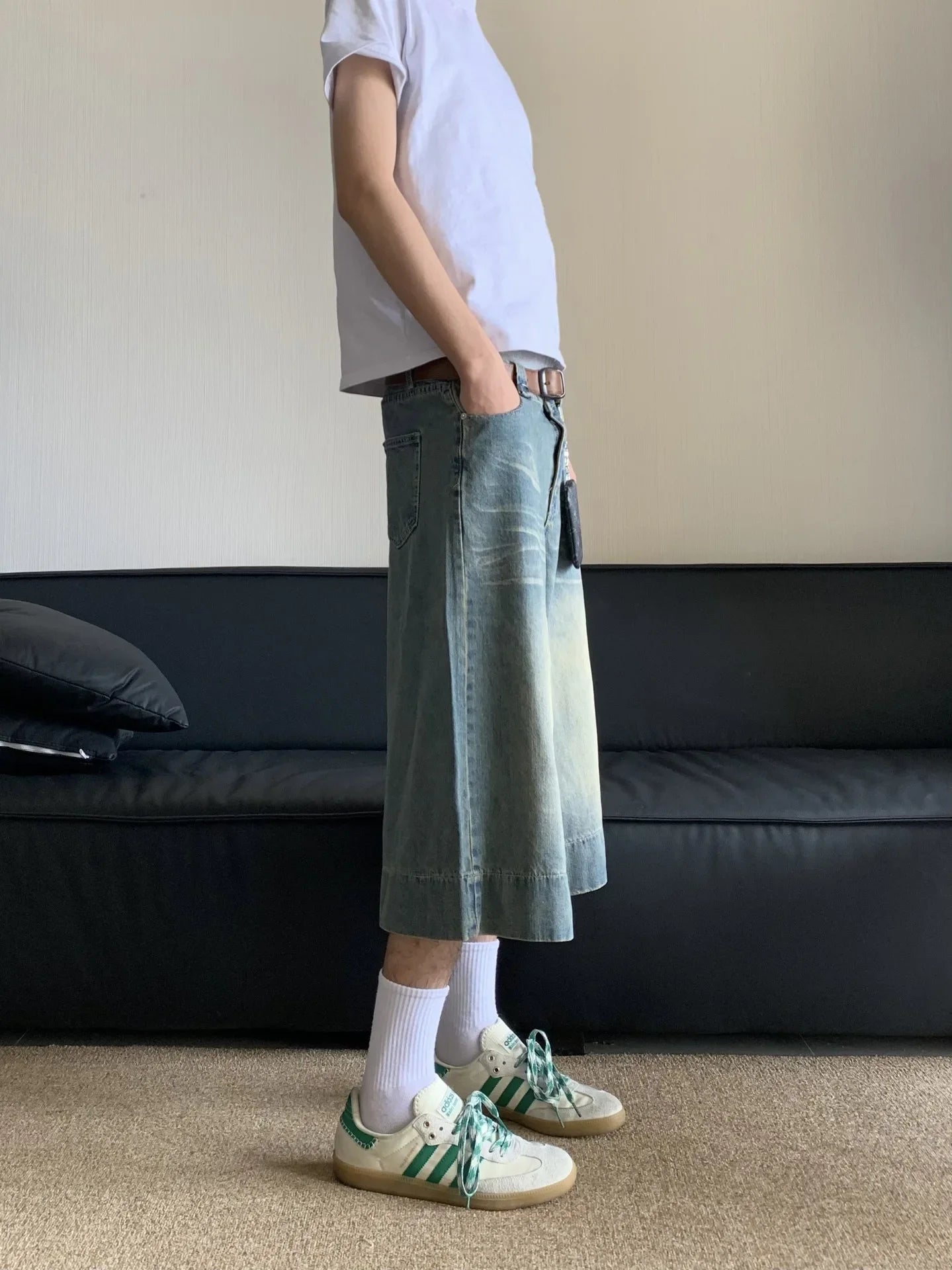 2024 Summer New Style Vintage Wide-leg Jeans 7-point Straight Leg Denim Mid-length Shorts For Men American Retro Loose Fit