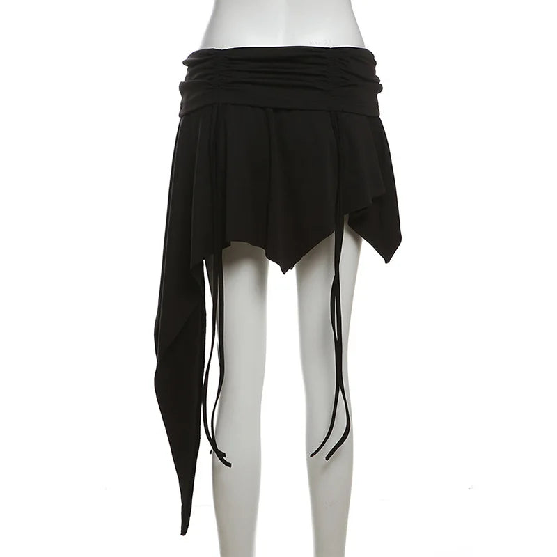 Goth Dark Mall Gothic Dropped Waist Drawstring Mini Skirt Punk Grunge Women Irregular Hem A-line Skirts Chic E-girl Techwear Y2K