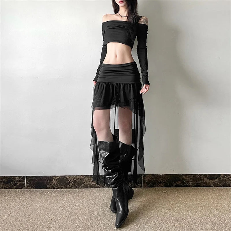 Lamuusaa Mesh Skirt y2k Clothes Women Solid Color High Waist Ruched Irregular Ruffle Hem Skirt Evening Party Skirts Streetwear