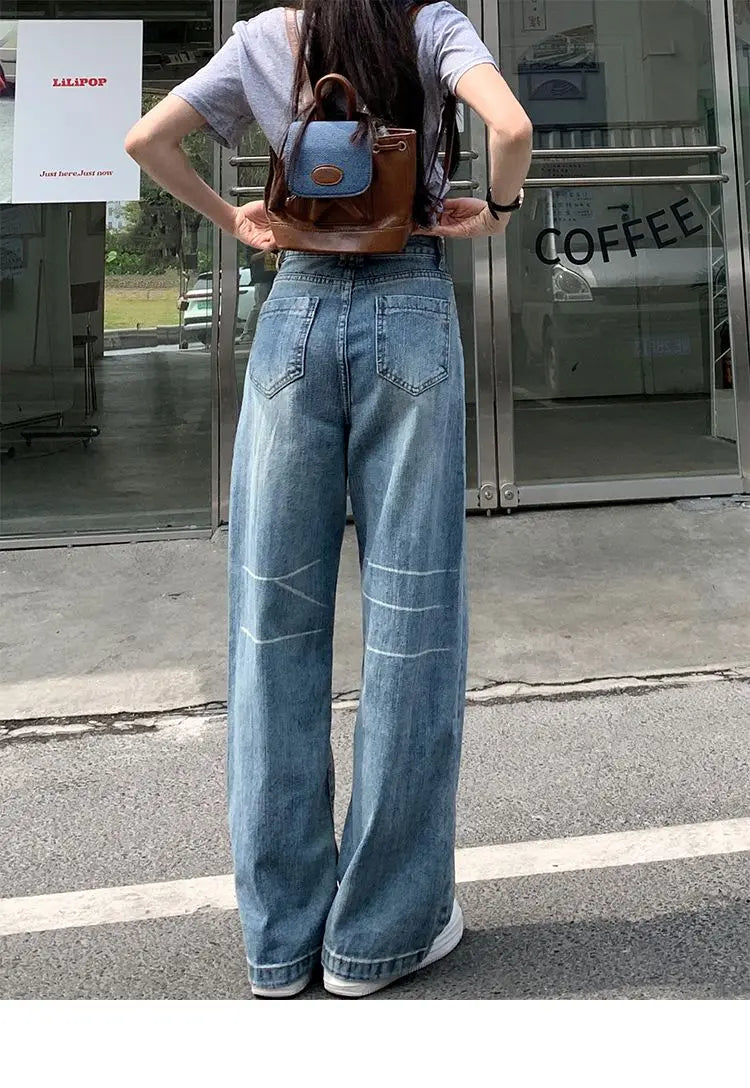 Vintage Baggy Jeans Womens' Loose-Fit Denim Pants Lightweight Bell Bottom Jean Retro Ladies' Denim Trousers Pockets Wide Pants