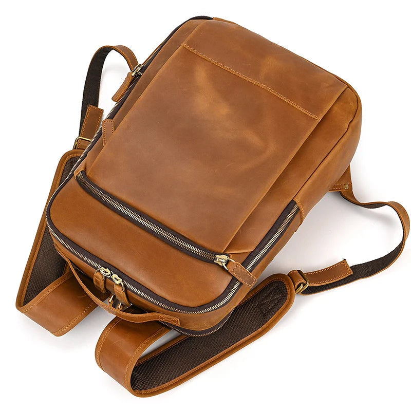 Vintage Travel Backpack leather double zipper bagpack male crazy horse leather backpack handmade leather travel bag men bag