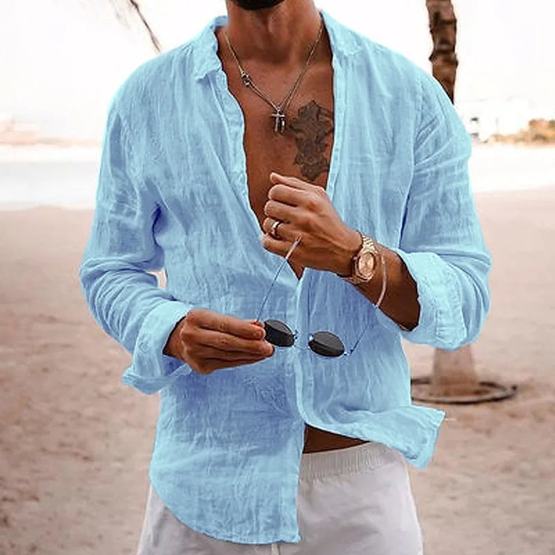 2025 Men's Cotton Linen Shirts Top Simple Laple Solid  Man Shirts Tops Comfortable Loose Casual Holiday Shirts for Men Blouses