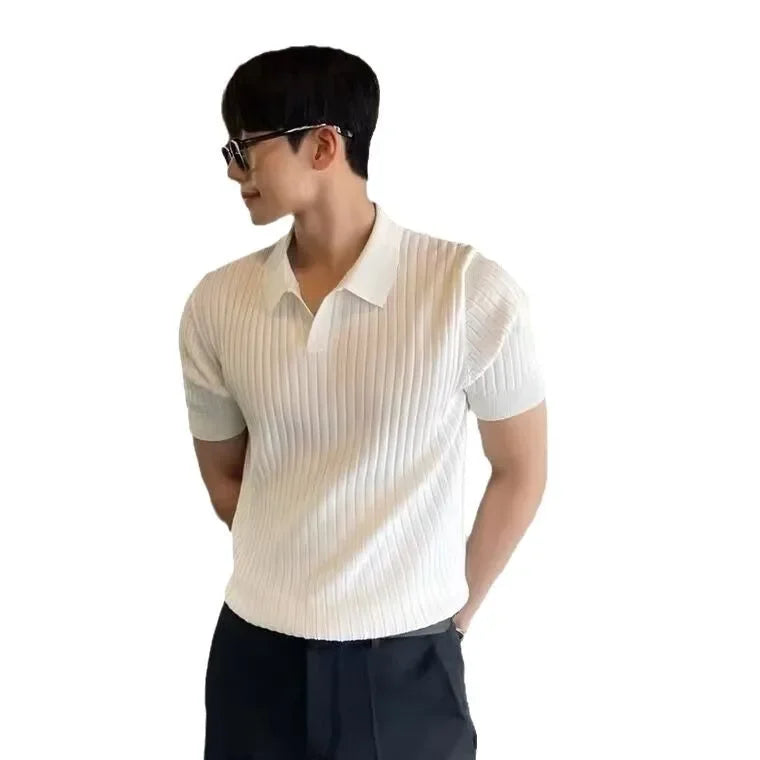 Summer New Light Maturity Knitted Polo Shirt Men's Korean Style Slim Fit Collar Pure Color Casual T-Shirt Cross-Border