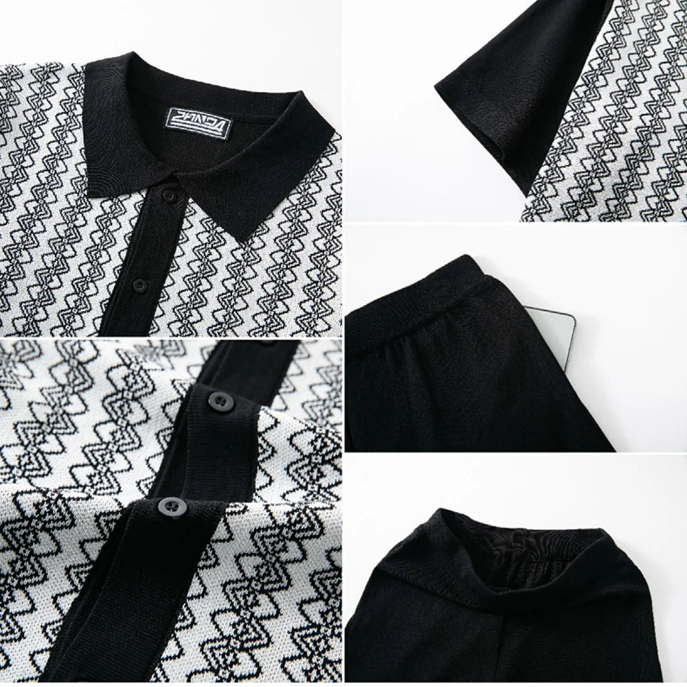 Men's Cardigan Knitted Short-Sleeved Shorts Suit Retro Casual Fashion Trend Loose Breathable Daily 2025 Summer New Men's Suit