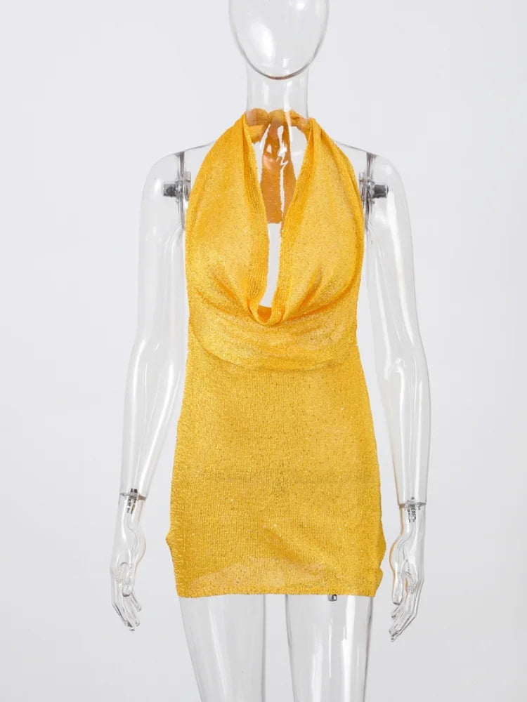 Sexy Sequin Halter Short Dress Women Backless Sleeveless Hip Package Party Dresses Female 2025 Summer Chic Night Club Robe Lady