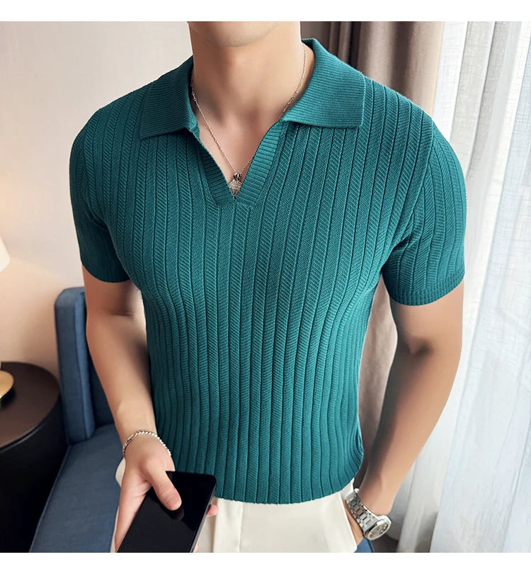 Men Striped Polo Shirt 2025 Summer Light Thin Breathable Solid Casual Elastic Slim Fit Short Sleeved V-neck T-shirt Men Clothing