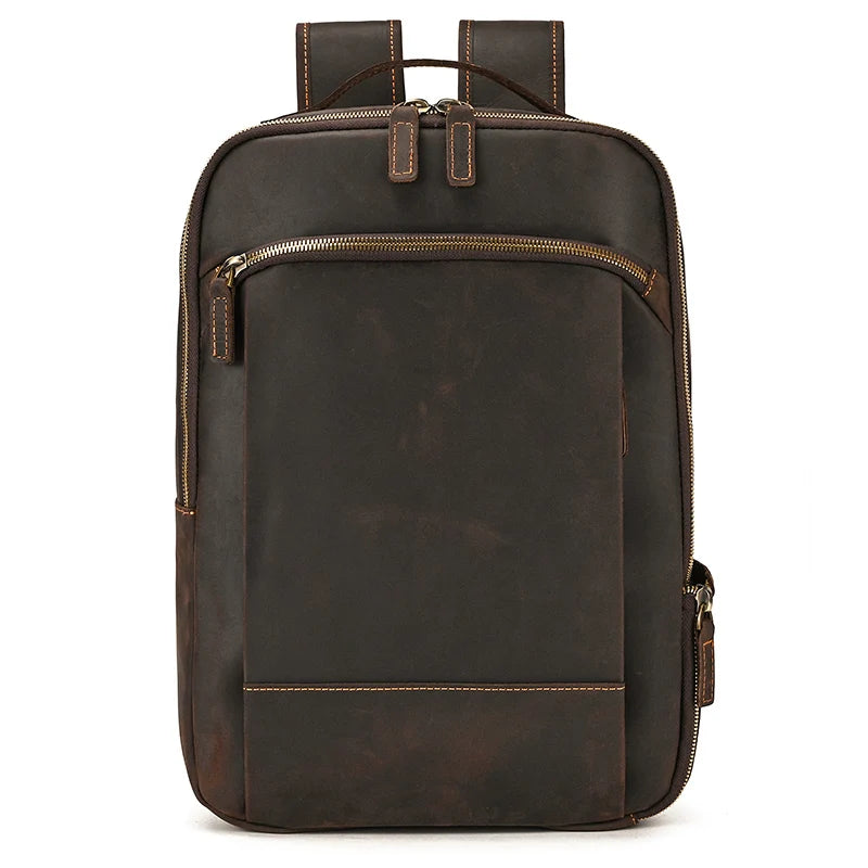 Vintage Travel Backpack leather double zipper bagpack male crazy horse leather backpack handmade leather travel bag men bag