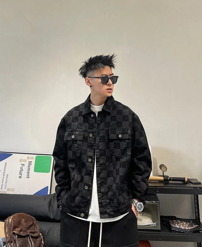 Denim Jackets Man Wide Shoulders Autumn Jeans Coat for Men Black Plaid Fashion Korean Popular Clothes of Fabric Winter 2024 Y2k