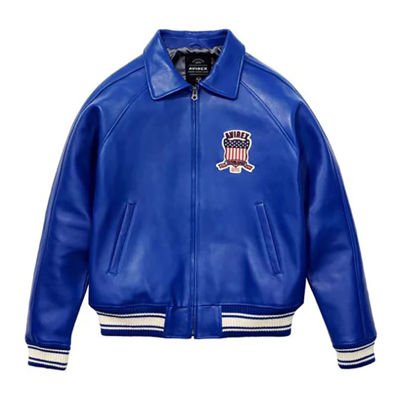 Men's Genuine Leather Varsity Jacket Us plus size Thick European lambskin High Quality Embroidery Avirex Brand