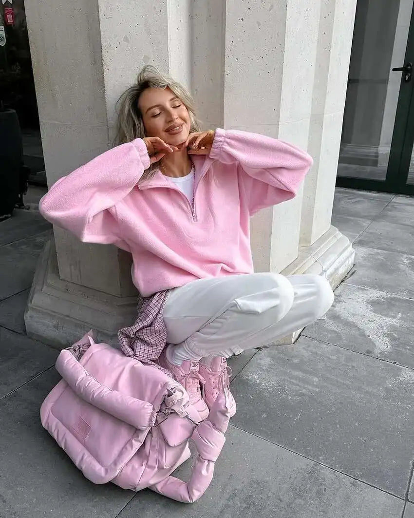 UCXQ Fashion Pullover Sweatshirt European Style Solid Color Long Sleeve All Match Loose Casual Top Women 2025 Spring Autumn 1497