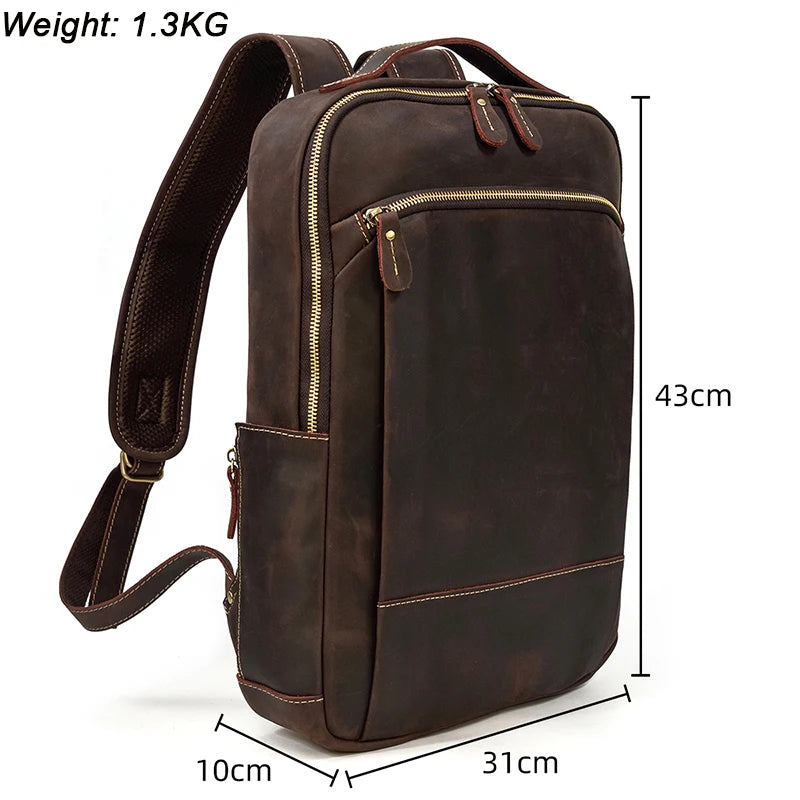 Vintage Travel Backpack leather double zipper bagpack male crazy horse leather backpack handmade leather travel bag men bag